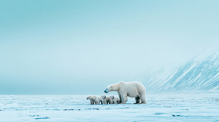 A polar bear family traverses a breathtaking icy landscape, illustrating the beauty and challenges of wildlife in their natural Arctic habitat.の素材