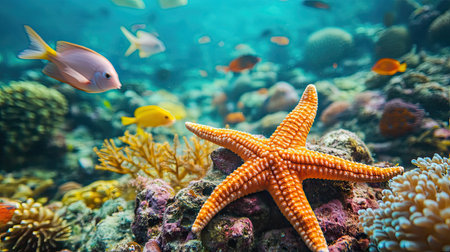 Explore a stunning underwater scene featuring a vibrant orange starfish resting on colorful coral, surrounded by tropical fish in clear blue waters.の素材
