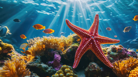 This stunning underwater image showcases a brilliant red starfish resting on a colorful coral reef, surrounded by tropical fish. Soft rays of sunlight filter through sparkling water, illuminating the vibrant marine life and coral structures, creating a serene and captivating underwater scene perfect for nature lovers and ocean enthusiasts.の素材