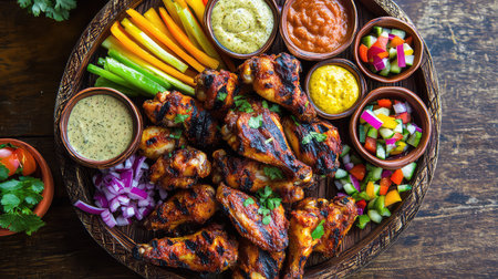 Enjoy a vibrant feast featuring grilled chicken wings served with a variety of fresh vegetables and dips, perfect for gatherings or casual dining.の素材