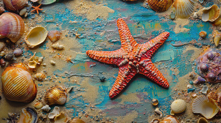 A beautiful vibrant starfish rests amidst an array of colorful seashells on a sandy beach surface, showcasing nature's artistry and marine life diversity.の素材