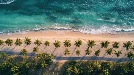 This stunning aerial image captures a vibrant tropical beach with rows of palm trees, golden sand, and clear turquoise waters under sunny skies.の素材