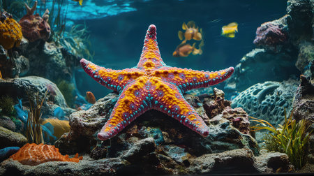 A stunning starfish displays its vibrant colors while resting on a rocky ocean floor amidst an array of coral and tropical fish. This captivating underwater scene highlights the beauty and diversity of marine life in a thriving aquatic habitat.の素材