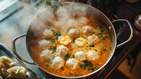 A close-up view of dumplings simmering in a rich broth, enhanced with fresh herbs and spices. The steam rising creates a warm and inviting kitchen scene.の素材