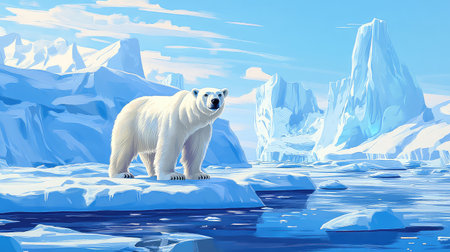 A stunning illustration showcasing a polar bear standing majestically on an iceberg, surrounded by glacial formations. This serene arctic landscape vivid with blue skies and icy waters, captures the essence of wildlife in its natural habitat, emphasizing the beauty and fragility of our environment.の素材