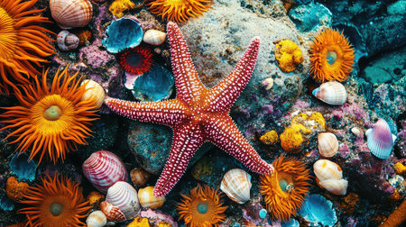 A vivid underwater scene showcasing a starfish surrounded by vibrant sea anemones and various seashells, highlighting the beauty of marine biodiversity.の素材