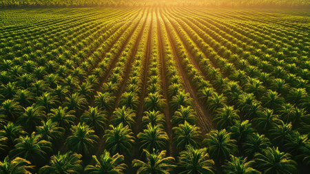 This stunning aerial photograph captures a lush green palm tree plantation, illuminated by a warm golden sunset. Vibrant rows of palm trees extend towards the horizon, showcasing the beauty of nature and agriculture.の素材