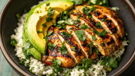 This image showcases a delicious grilled chicken breast served on a bed of fluffy rice, topped with fresh avocado slices and cilantro sprigs, creating a vibrant meal.の素材