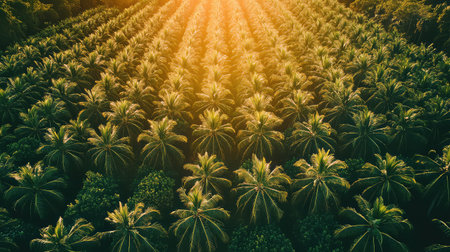 This stunning aerial view captures a vibrant palm tree plantation bathed in warm sunlight. The lush greenery offers a serene and tranquil atmosphere, perfect for highlighting the beauty of nature and agriculture.の素材