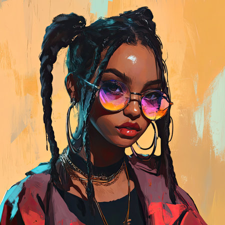 This captivating portrait showcases a stylish young woman with bold glasses and unique hairstyle, set against an abstract backdrop. Her confident expression exudes creativity and individuality.の素材