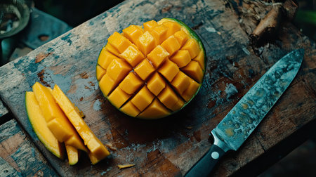 This image showcases a beautifully sliced ripe mango arranged on a rustic wooden cutting board, ideal for healthy recipes or cooking inspiration.の素材