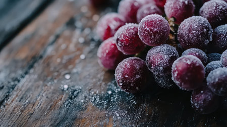 A stunning close-up view of frosted purple grapes resting on a rustic wooden surface, showcasing glistening water droplets and a beautiful seasonal aesthetic.の素材
