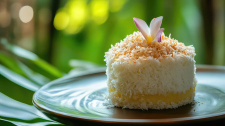 A beautifully crafted tropical coconut cake topped with shredded coconut and a delicate orchid sits elegantly on a plate, surrounded by lush greenery.の素材