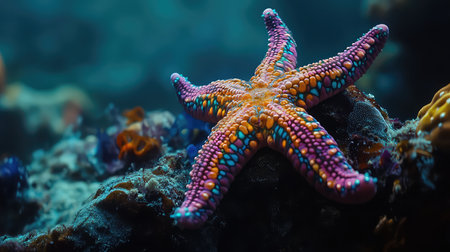 A stunning starfish rests on a vibrant coral reef, showcasing intricate patterns and bright colors. This underwater scene captures the beauty and diversity of marine ecosystems.の素材
