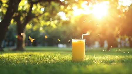 A refreshing glass of orange juice sits on lush green grass, illuminated by warm sunlight in a tranquil park setting, evoking summer vibes.の素材
