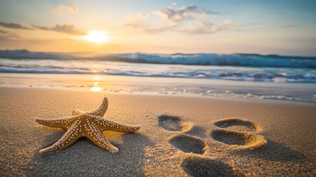 A beautiful starfish rests on golden sand as the sun rises over the ocean waves, casting a serene glow on tranquil footprints nearby.の素材