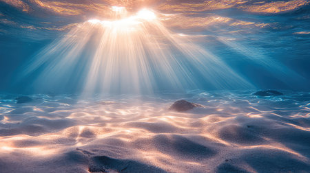 This stunning image captures the enchanting rays of sunlight filtering through the crystal-clear ocean water, illuminating the sandy seabed. The serene atmosphere invites a sense of tranquility and wonder.の素材