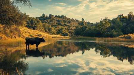 A tranquil scene featuring a black cow standing in reflective water, surrounded by golden grass fields and a lush landscape, highlighting nature's beauty.の素材