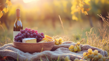 A serene picnic spread featuring a bottle of wine, fresh grapes, and assorted cheese in a vineyard at sunset. This idyllic scene captures the essence of outdoor dining and relaxation amidst nature's beauty, perfect for food and lifestyle themes.の素材