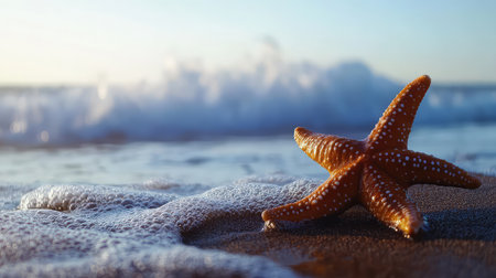 A stunning close-up of a vibrant starfish resting on wet sand, with gentle ocean waves rolling in during a serene golden hour at the beach.の素材