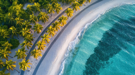This stunning aerial view captures a tropical beach featuring turquoise waters, soft sand, and vibrant palm trees, showcasing nature's serene beauty.の素材