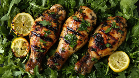 Deliciously grilled chicken drumsticks served on a bed of fresh greens with lemon slices, ideal for summer gatherings or healthy meals.の素材