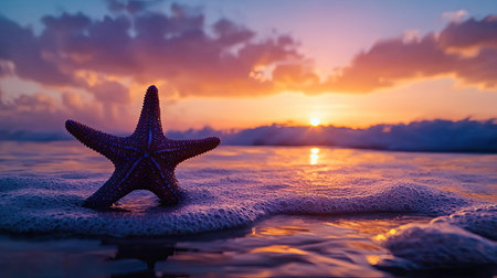 A vibrant starfish rests on the sandy beach as the sun sets behind gentle waves, casting colorful reflections on the water. This tranquil scene embodies natural beauty and coastal serenity.の素材