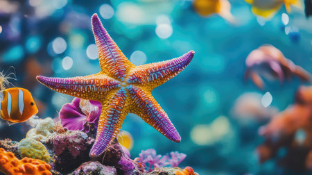 A stunning starfish stands out in a beautiful underwater ecosystem, surrounded by vibrant coral and lively fish, capturing the essence of marine biodiversity.の素材