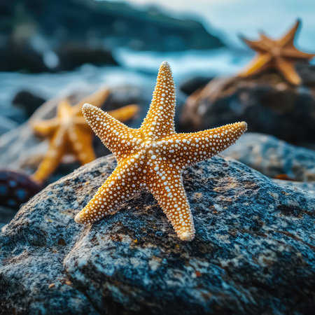 This stunning image captures a vibrant starfish perched atop a rocky surface, surrounded by coastal beauty and soft ocean waves. Perfect for nature lovers.の素材