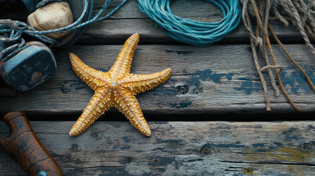 A vibrant yellow starfish rests on a weathered wooden surface amidst various nautical items and twisted ropes, creating a perfect coastal scene.の素材