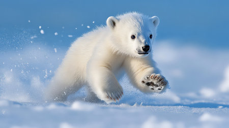A charming polar bear cub joyfully runs through a pristine snowy landscape, showcasing its playful spirit and vibrant energy against a stunning blue arctic background.の素材