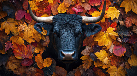 This striking image features a majestic bull emerging from a backdrop of vibrant autumn leaves, showcasing nature's beauty during harvest season.の素材