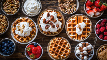 A tempting assortment of waffles topped with whipped cream, fresh berries, and nuts sits beautifully arranged on a rustic wooden table, inviting all to indulge.の素材