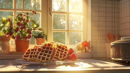 A serene kitchen scene featuring freshly made waffles on a counter, bathed in warm morning sunlight, accompanied by vibrant berries, evoking cozy breakfast moments.の素材