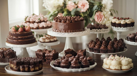 A stunning assortment of chocolate cakes and cupcakes beautifully arranged with fresh flowers, perfect for any dessert lover and celebratory occasion.の素材