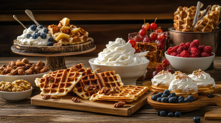 A tempting variety of waffles garnished with fresh fruits, whipped cream, and nuts, beautifully arranged on a rustic wooden table, ideal for dessert lovers.の素材