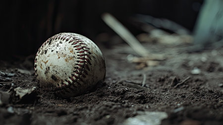 A solitary, weathered baseball rests in a bed of dusty ground, reflecting the passage of time and the essence of outdoor sports in nature.の素材