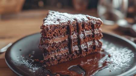 A delectable slice of chocolate layer cake drizzled with rich ganache and dusted with powdered sugar, perfect for dessert lovers.の素材