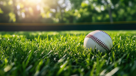 This image features a close-up of a baseball resting on lush green grass, illuminated by soft sunlight, capturing the essence of outdoor sports and leisure.の素材