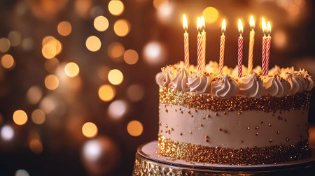 A beautifully decorated birthday cake featuring vibrant candles and sparkling embellishments, perfect for adding joy to any festive celebration.の素材