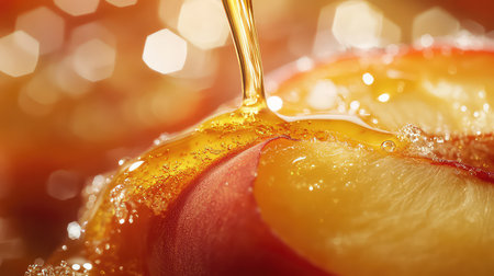 A captivating close-up image showcasing a slice of fresh red apple with golden honey drizzling over it, creating an inviting and appetizing appearance.の素材