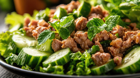 A vibrant salad showcasing minced meat and fresh cucumbers, beautifully garnished with mint leaves. Perfect for a nutritious meal or a refreshing side dish.の素材