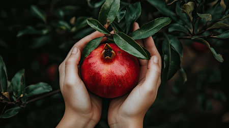 A fresh red pomegranate cradled in gentle hands, surrounded by lush green leaves, captures the beauty of nature and the bounty of the harvest.の素材