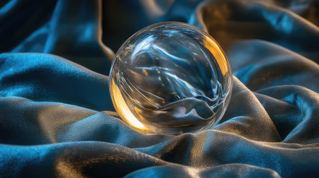 A stunning glass sphere rests on a lush blue satin fabric, capturing light and creating soft reflections that enhance its elegance. Ideal for artistic projects.の素材