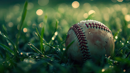 A striking close-up of a wet baseball resting on fresh green grass, adorned with dew drops that reflect the soft light, evoking a sense of freshness and sport.の素材