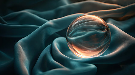 A delicate crystal sphere rests on smooth teal fabric, illuminated by soft light. The gentle reflections and shadows create a serene and elegant visual.の素材