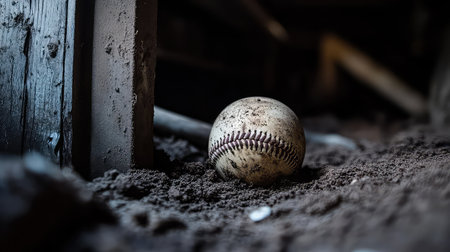 A weathered baseball rests on the dirt ground in an abandoned field, surrounded by wooden supports. This image captures the essence of nostalgia and the spirit of outdoor sports.の素材