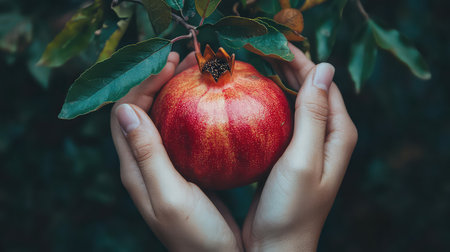A beautifully captured image of hands gently holding a vibrant red pomegranate, surrounded by lush green leaves, showcasing the essence of nature.の素材