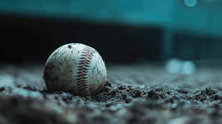 A close-up view of a weathered baseball resting on dusty ground, creating a textured scene. Soft focus background enhances the nostalgic feel of outdoor sports.の素材