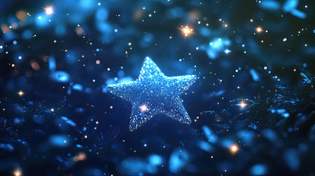 A mesmerizing blue star sparkles against a dark, shimmering background filled with gentle twinkles, creating an enchanting and festive atmosphere perfect for seasonal celebrations.の素材